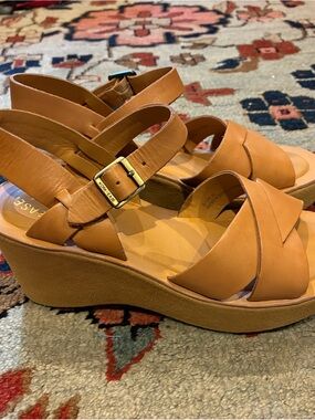 Kork-Ease Tan Leather Crisscross Wedge Sandals